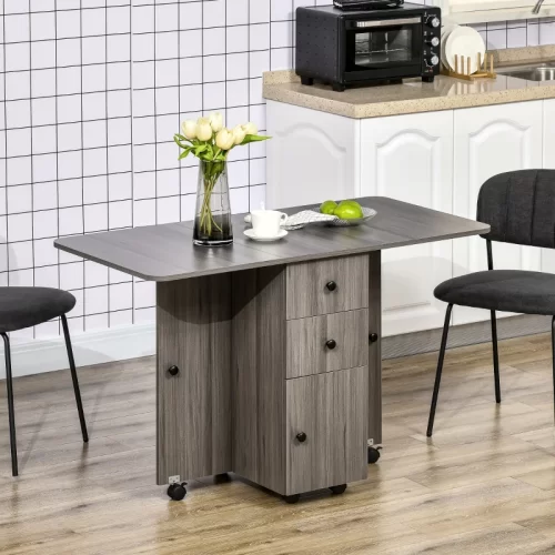 HOMCOM Mesa de Cocina Plegable con 2 Cajones y 1 Armario - Gris
