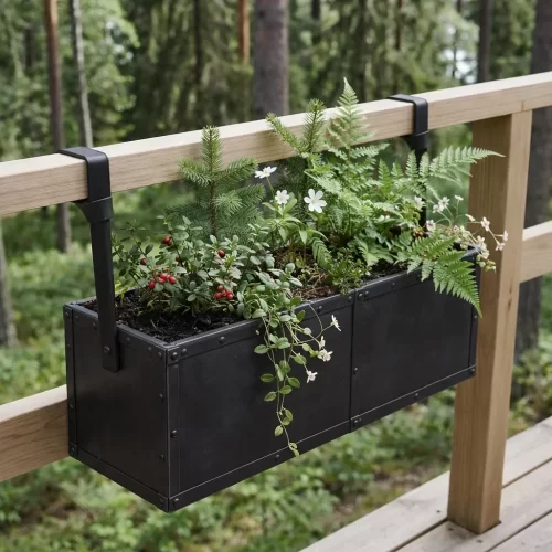 Jardinera sujeta a barandilla con soportes metálicos