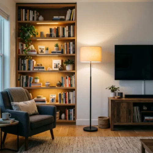 Una lámpara de pie junto a una estantería o un mueble de televisión para iluminar una pared destacada