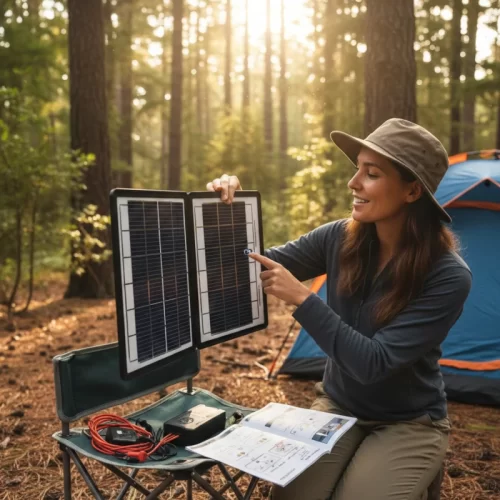 Mujer revisando los componentes de su kit solar portátil con manual e instrucciones en el campamento