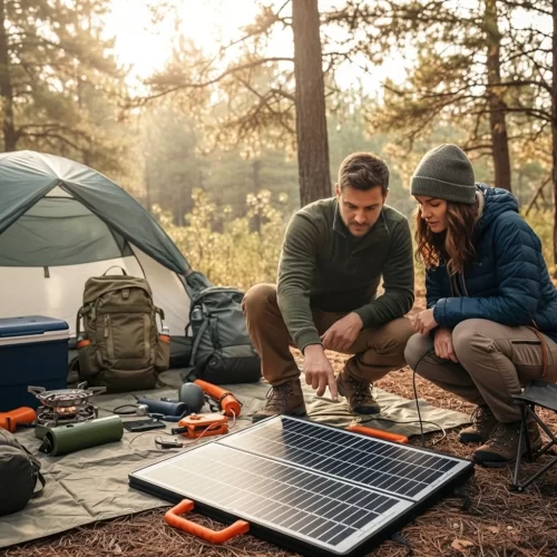 Pareja inspeccionando un panel solar portátil desplegado junto a su equipo de camping en el bosque