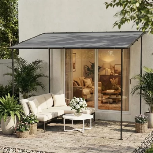 Pérgola adosada con toldo gris en terraza moderna junto a vivienda de ladrillo, con ju