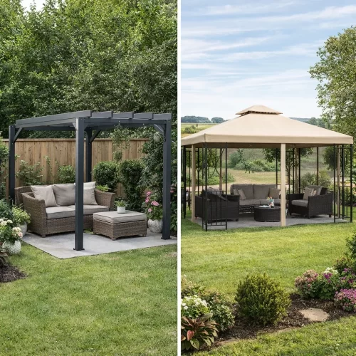 Pérgola compacta de aluminio en jardín pequeño a la izquierda y cenador beige de mayor