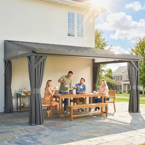 Pérgola de acero gris adosada a la pared dando sombra a una família comiendo debajo.