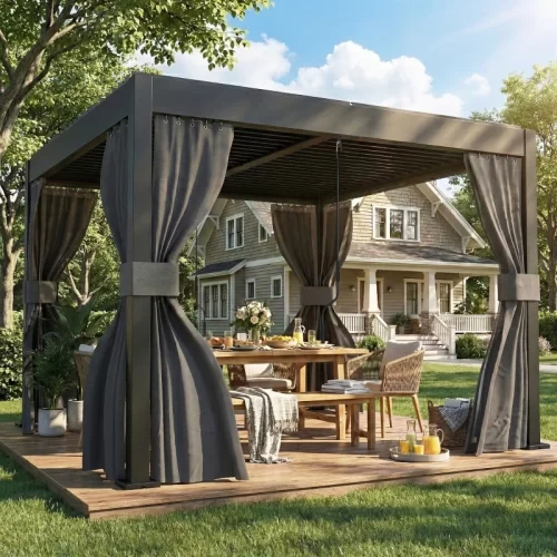 Pérgola de aluminio con techo de lamas y cortinas en terraza de madera