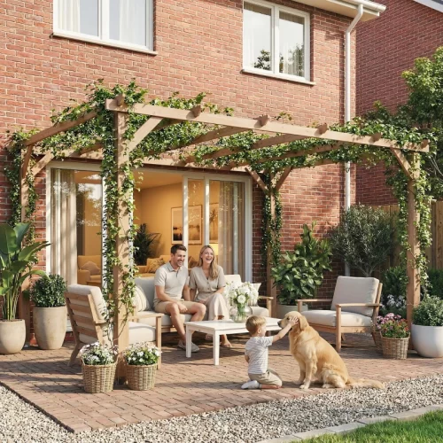 Pérgola de madera con enredaderas junto a una terraza con sofás