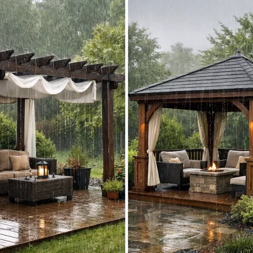 Pérgola de madera mojándose bajo lluvia intensa frente a cenador con techo impermeable