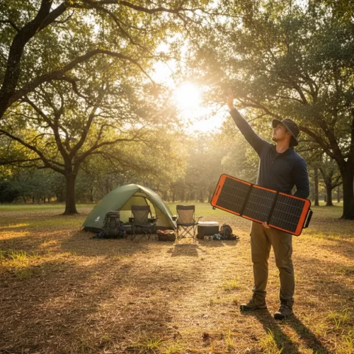 Persona sosteniendo un panel solar portátil mientras evalúa la mejor ubicación con luz solar en el campamento