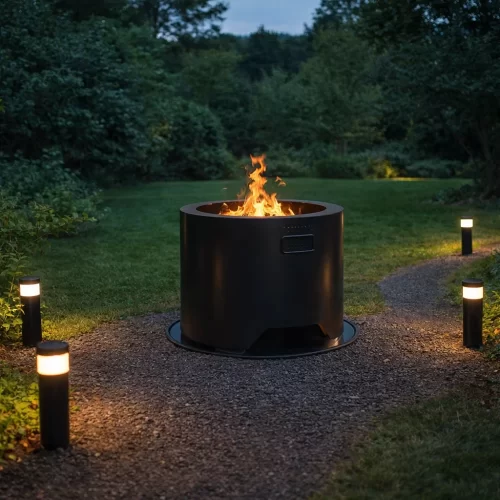 Brasero de exterior sin humo colocado al fondo del jardín en una zona despejada, al lado de un camino iluminado