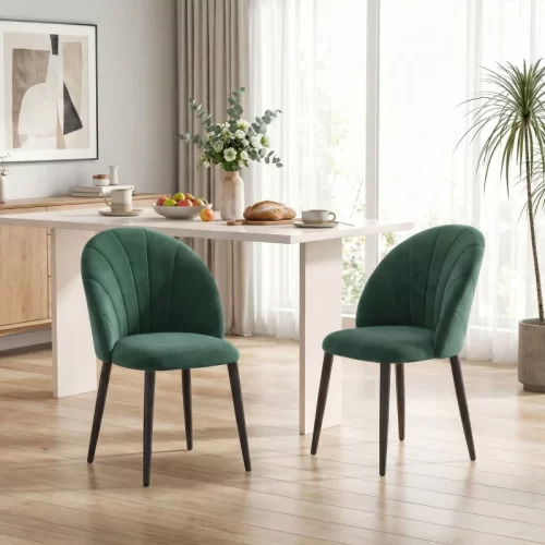 Set de 2 Sillas de Comedor en Terciopelo con Respaldo en Forma de Concha – Verde Oscuro