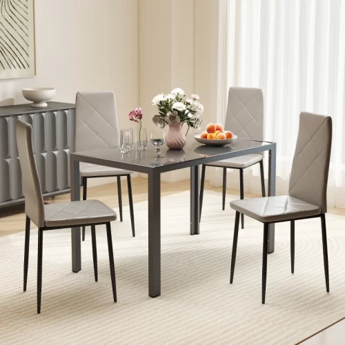 Set de 4 Sillas de Comedor Tapizadas en Piel Sintética con Respaldo Muy Alto – Gris