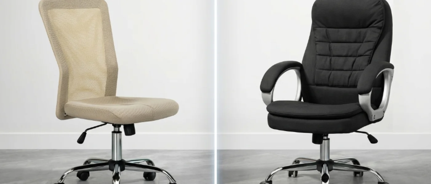 Silla de malla beige y silla de tela negra una junto a otra