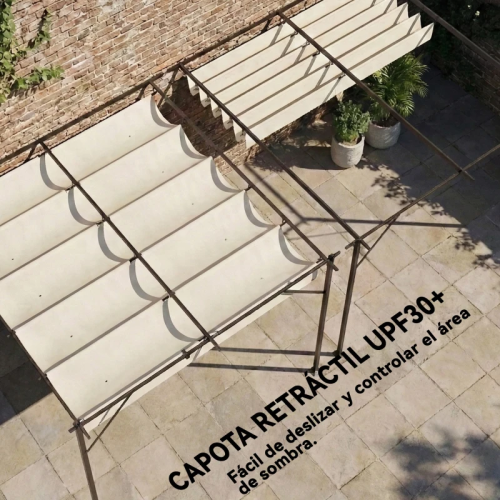 Vista aérea de toldo retractil beige sobre una terraza con plantas
