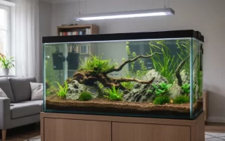 Acuario montado con plantas y rocas en un salón