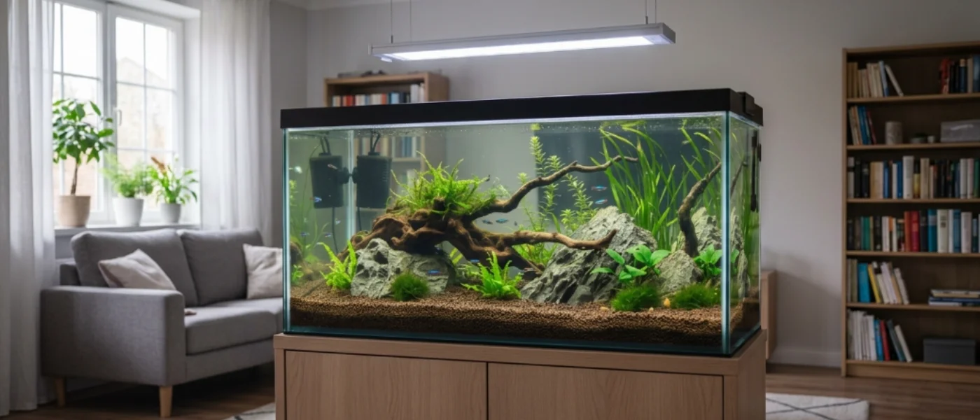 Acuario montado con plantas y rocas en un salón