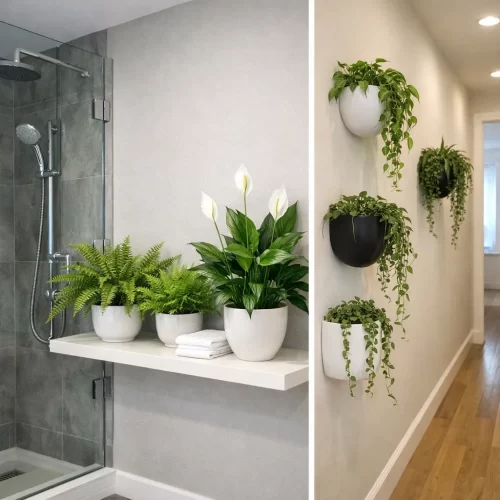 Plantas en un estante al lado de la ducha y colgadas en la pared del pasillo.