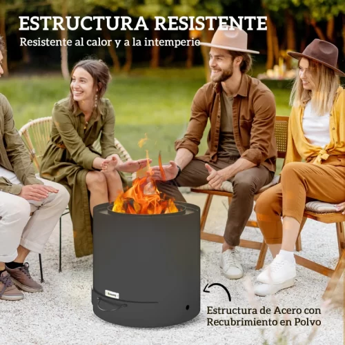 Brasero cilíndrico de acero resistente al calor con un grupo de amigos en el jardín.