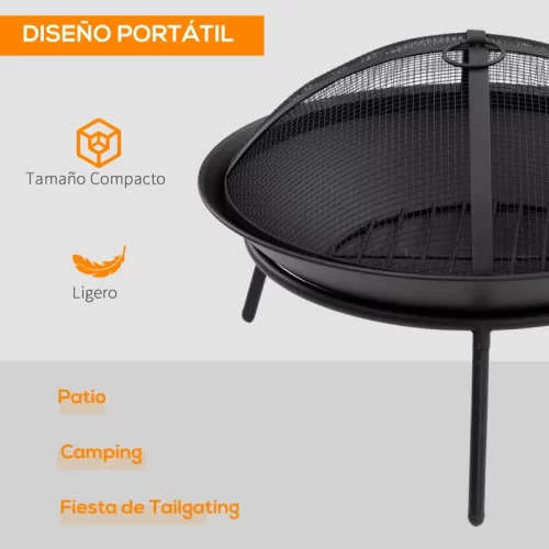 Brasero portátil de malla con patas plegables, ligero y compacto para patio, camping o excursiones.
