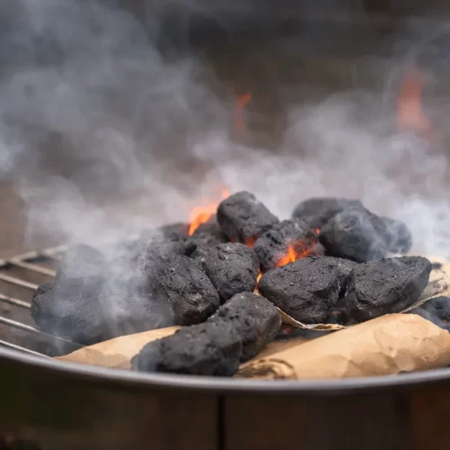 Briquetas de carbón ardiendo con llamas y humo en la parrilla