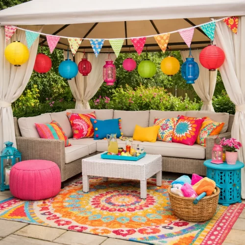 Cenador de verano decorado con cojines coloridos y farolillos