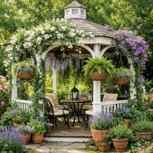 Cenador decorado con plantas trepadoras y cestas colgantes