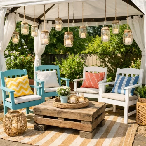 Cenador decorado con tarros de cristal y muebles de colores