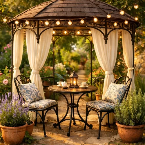 Cenador estilo café al aire libre con mesa bistró y lavanda