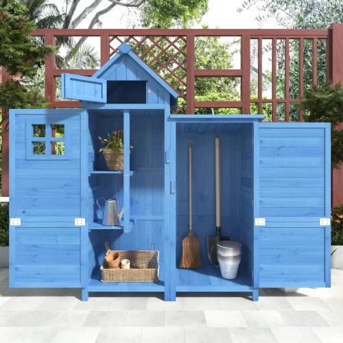 Cobertizo de madera azul con doble puerta, ventana y buhardilla para almacenaje de jardín
