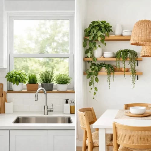 Plantas junto a la ventana y el fregadero de la cocina, y en estantes cerca del comedor
