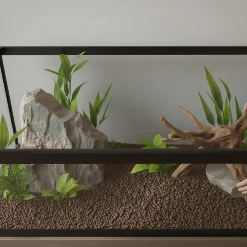 Colocando rocas y raíces decorativas en el acuario