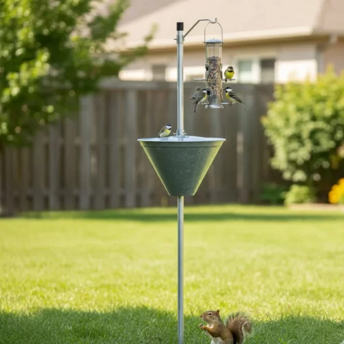 Comedero para aves con deflector antiardillas en jardín