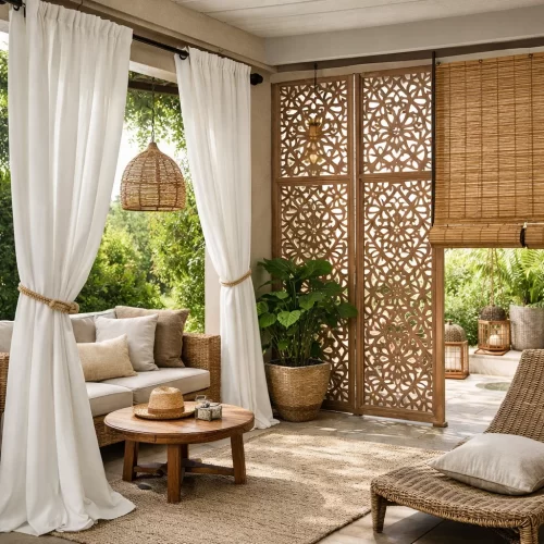 Cortinas y mamparas decorativas en cenador exterior