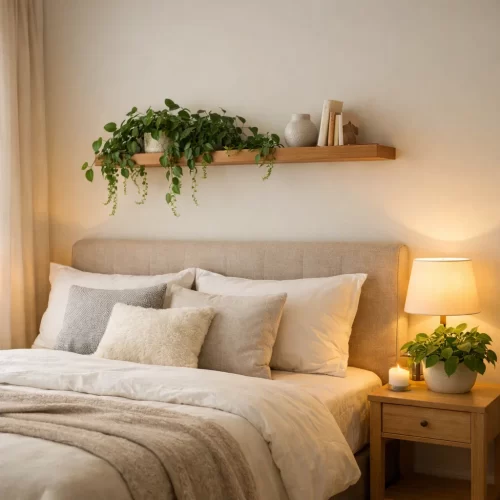 Plantas pequeñas en un estante y en la mesita de noche del dormitorio