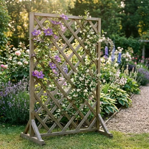 Enrejado de madera independiente con clemátide morada y jazmín trepando entre un jardín de flores