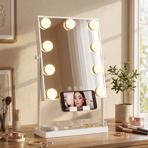 Espejo Hollywood con luz y soporte para teléfono