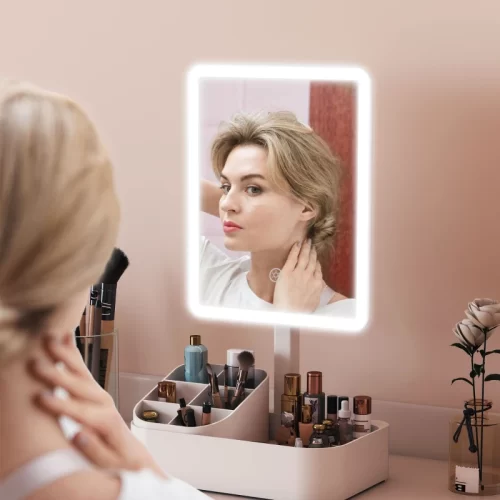 Espejo de maquillaje con luz recargable y rotación de 180°