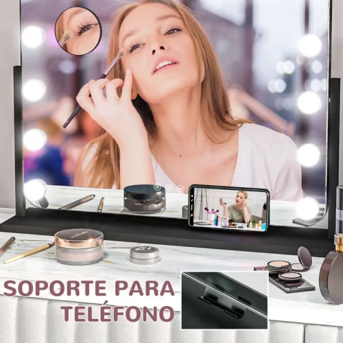 Espejo de maquillaje negro con 14 bombillas LED