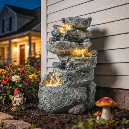 Fuente de piedra iluminada con gnomo de jardín.
