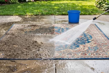 Hidrolimpiadora limpiando una alfombra persa al aire libre