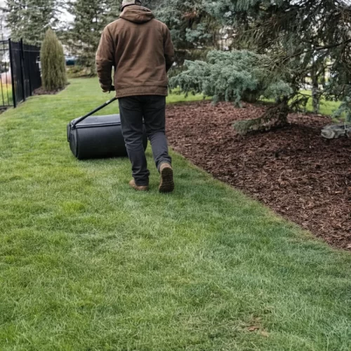Hombre nivelando una esquina del jardín
