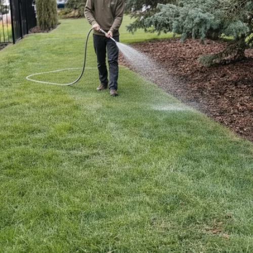 Riego suave del césped después del trabajo