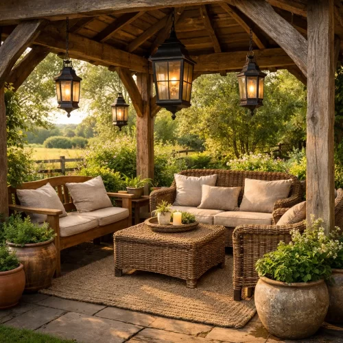 Ideas para decorar cenador rústico con sofás de ratán y farolillos