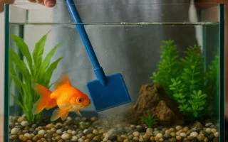Limpiando el cristal de la pecera con una rasqueta