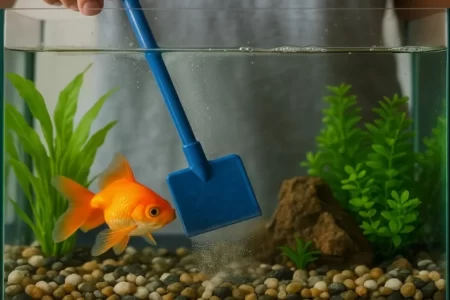 Limpiando el cristal de la pecera con una rasqueta