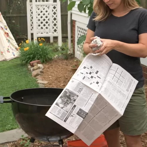 Mujer arrugando papel de periódico para encender una parrilla de carbón