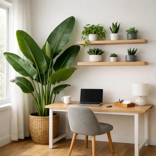 Plantas pequeñas en las estanterías encima de la mesa de trabajo y una planta grande entre la mesa y la ventana en un rincón.