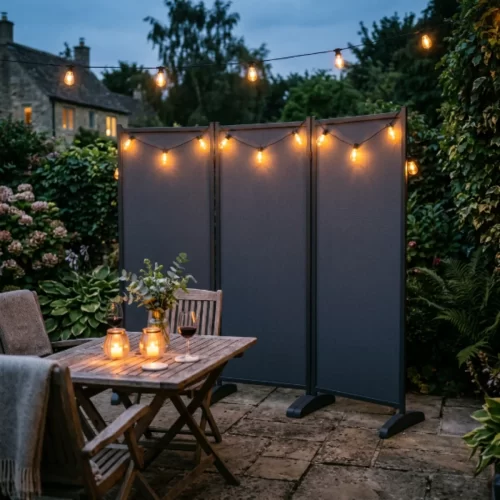 Panel decorativo de jardín iluminado con guirnaldas de luces cálidas junto a una mesa de exterior al anochecer