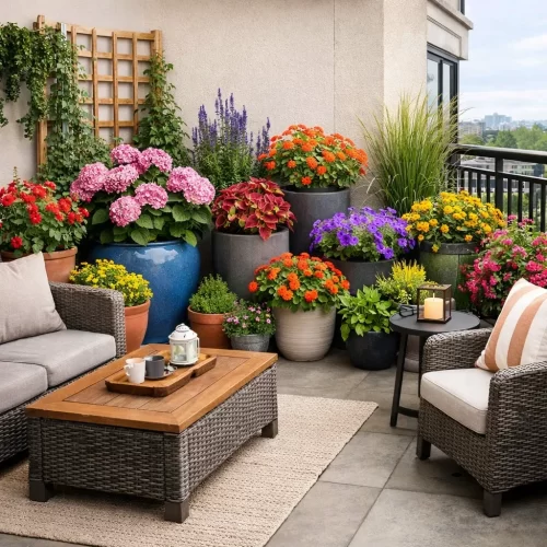 Jardineras agrupadas en un rincón del balcón junto al sofá y la butaca