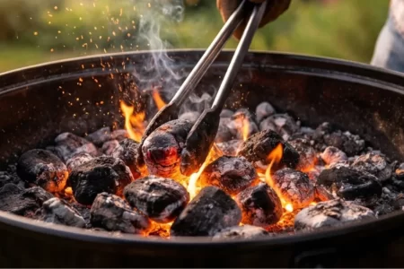 Persona usando pinzas para encender una parrilla de carbón