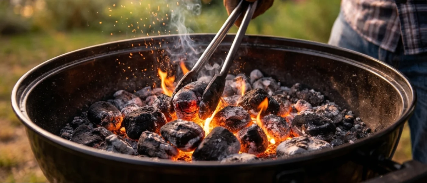 Persona usando pinzas para encender una parrilla de carbón